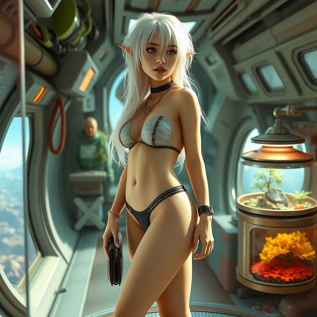 A full body shot of a pretty twenty-something elf girl with a face resembling (ana de armas). large chest, wide hips, narrow waist, thick thighs, pale, freckles, messy long white hair. crop top, thong, cyberpunk 2077, space station, food terrarium, high heel ankle boots, collar, purse and jewelry. Photorealistic digital matte painting, soft focus, film grain, lens flare. She is looking through glass. landscape beyond.