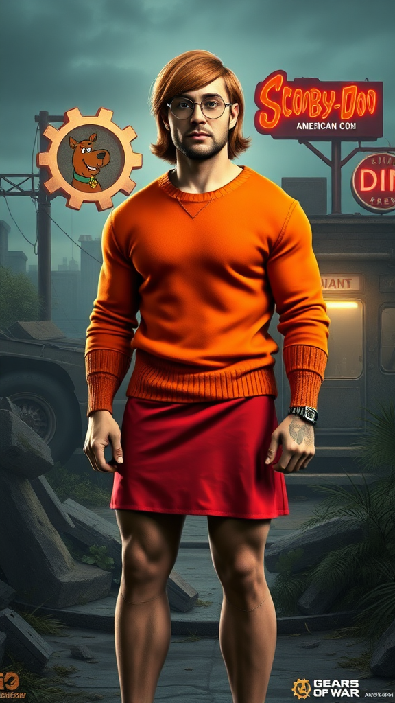 Detailed full-length portrait of Marcus Fenix's muscular male figure wearing Velma Dinkley's iconic orange sweater, red skirt, knee-high socks, and circular glasses. Velma's auburn shoulder-length hairstyle and facial features, including freckles, remain intact atop Fenix's head. The background blends the gritty, industrial environment of the Gears of War universe with the retro American suburban setting of Scooby-Doo, featuring a classic woodgrain paneled station wagon, a neon diner sign, and overgrown foliage amidst crumbling concrete ruins.