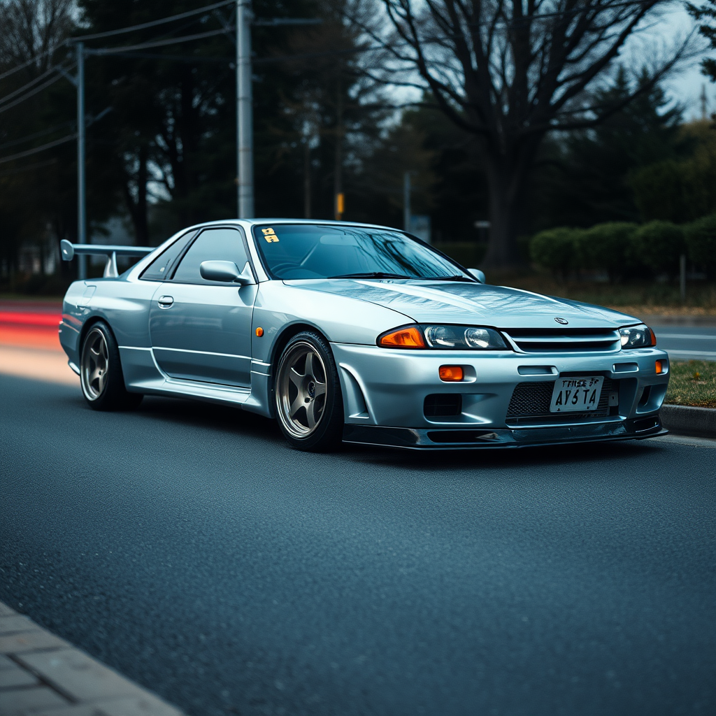 the car is parked on the side of the road, inspired by Taiyō Matsumoto, tumblr, restomod, nd4, c4 metallic shine nissan skyline r34