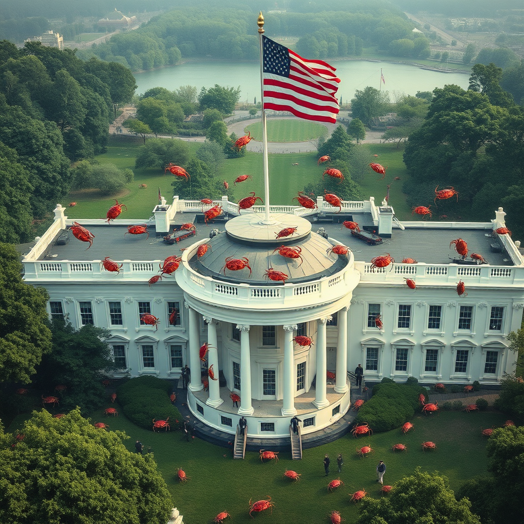 aerial shot of lots of crabs invading the White House, American flag floating on top of the flagpole on top of the White House, secret agents scrambling to stop the invasion, photorealistic