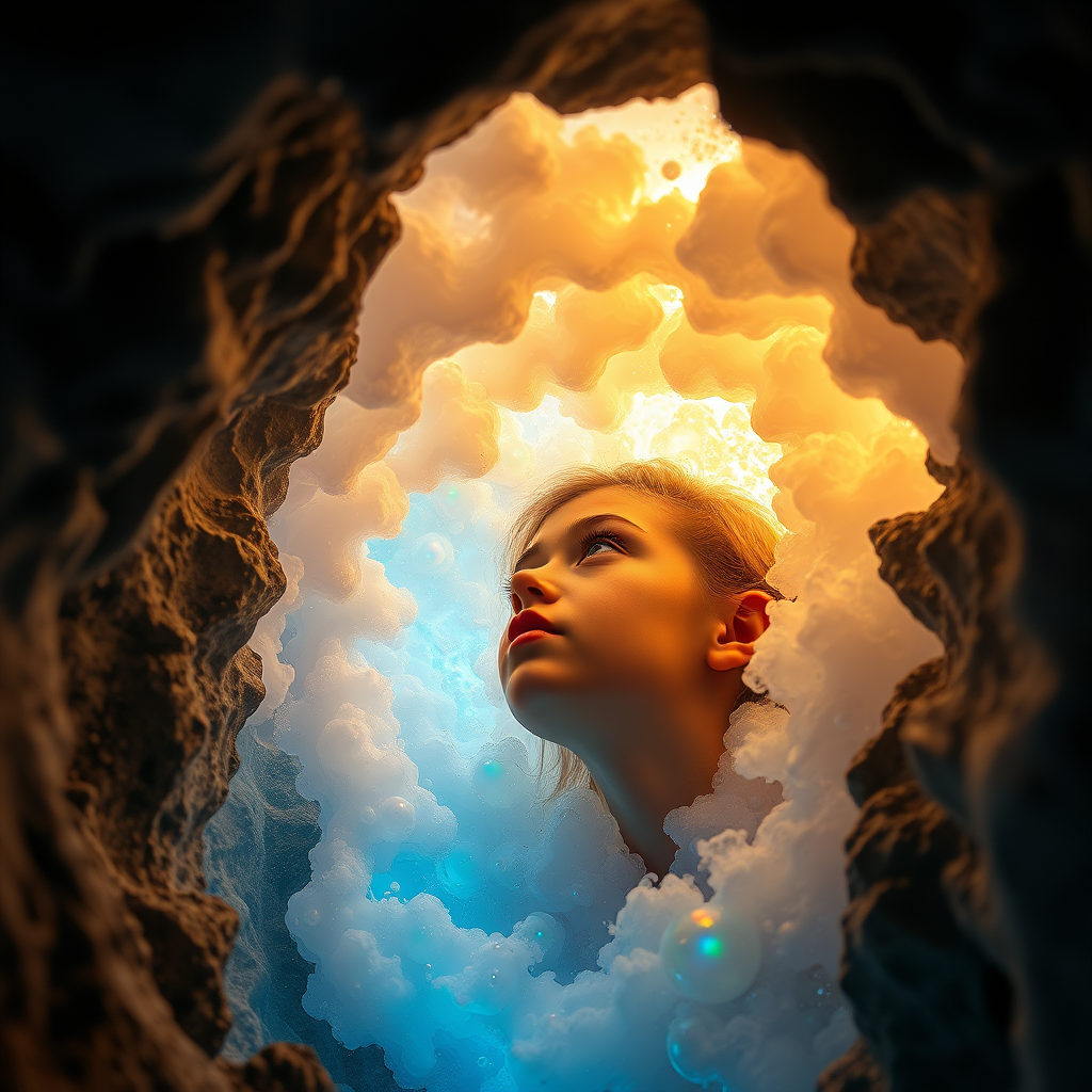 preteen girl in underwater cave, abstract, mandelbulb fractal, ultra-detailed, dynamic composition, artistic photograph, fractal, brilliant colors, glittering, transparency, translucent, opal, gold, romanticism, sharp focus, floral, mother of pearl, iridescent, clouds, natural, glowing