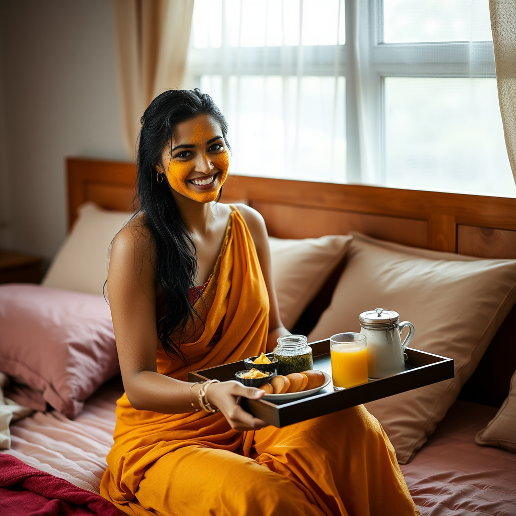 slim, 30 year old, sexy, indian wife, wet hair, face veil, turmeric face mask. She is smiling and serving breakfast on a tray on bedside table