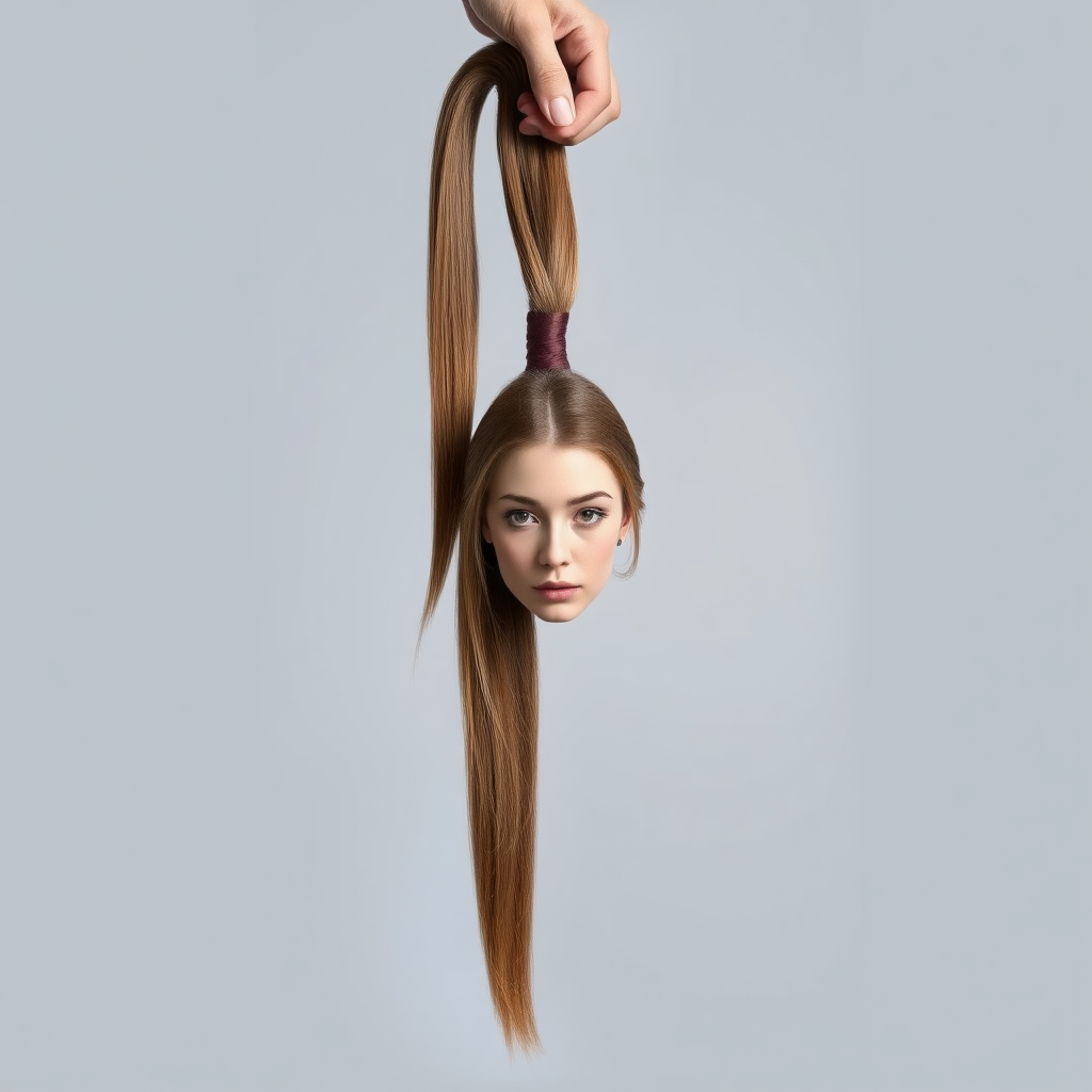 Surreal image of a very long haired woman's beautiful disembodied head hanging by her very long hair. Her very long hair is gathered at the top of her head into a long ponytail that stretches upward into a grasped hand. Plain gray background.