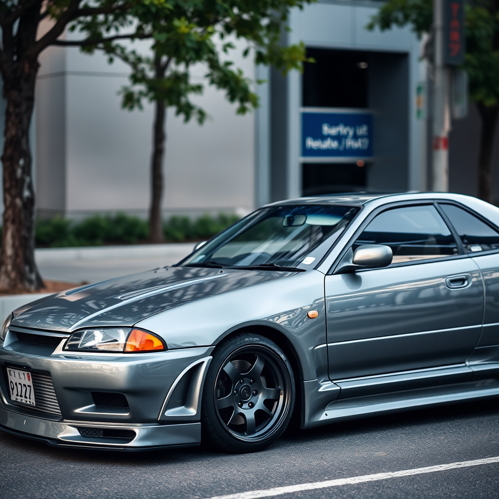 The car is parked on the side of the road, inspired by Taiyō Matsumoto, tumblr, restomod, nd4, c4 metallic shine gray black nissan skyline r34 tokyo arkaplan hatasız tam eksiksiz ayrıntılı genel gerçek detaylar en iyi fotoğraf poz sinematik