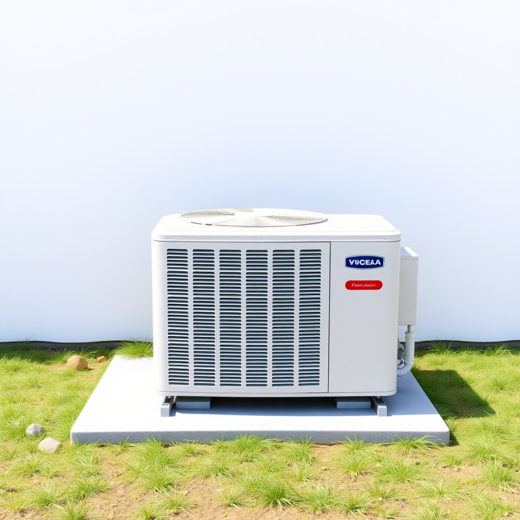 A simple, realistic image of a standard residential outdoor air conditioning unit or condenser. The unit should be placed on a flat surface, such as a concrete pad, and surrounded by some basic landscaping elements like grass, small shrubs, or rocks. The unit should be a neutral color like white, beige, or gray. The image should have a plain, uncluttered background to serve as a generic stock photo.