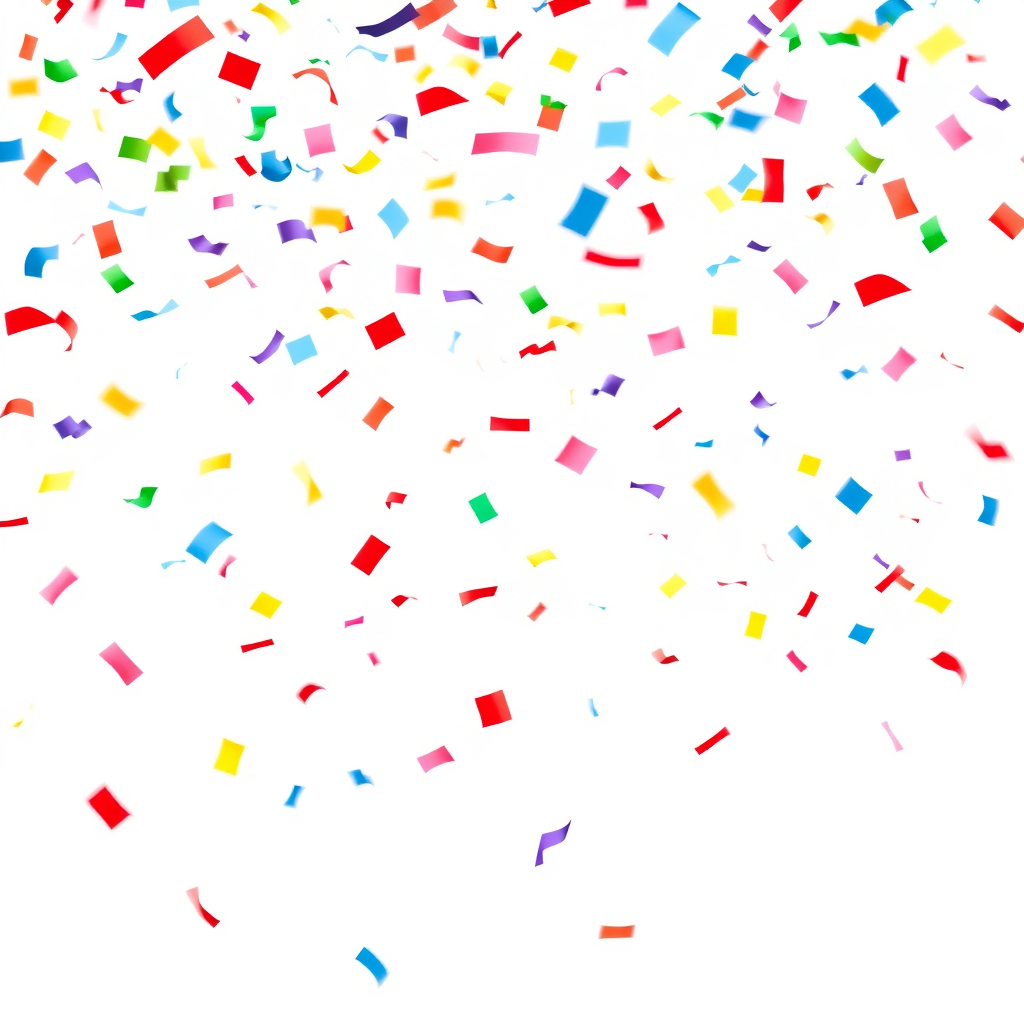 A high-resolution, dynamic image depicting colorful confetti pieces falling through the air against a plain white or light background. The confetti should be shown in various stages of descent, creating a sense of motion and liveliness. The confetti should include a variety of shapes, sizes, and bright colors such as red, blue, yellow, green, and purple. The overall composition should have a celebratory, festive feel suitable for use as a stock photo or graphic element.