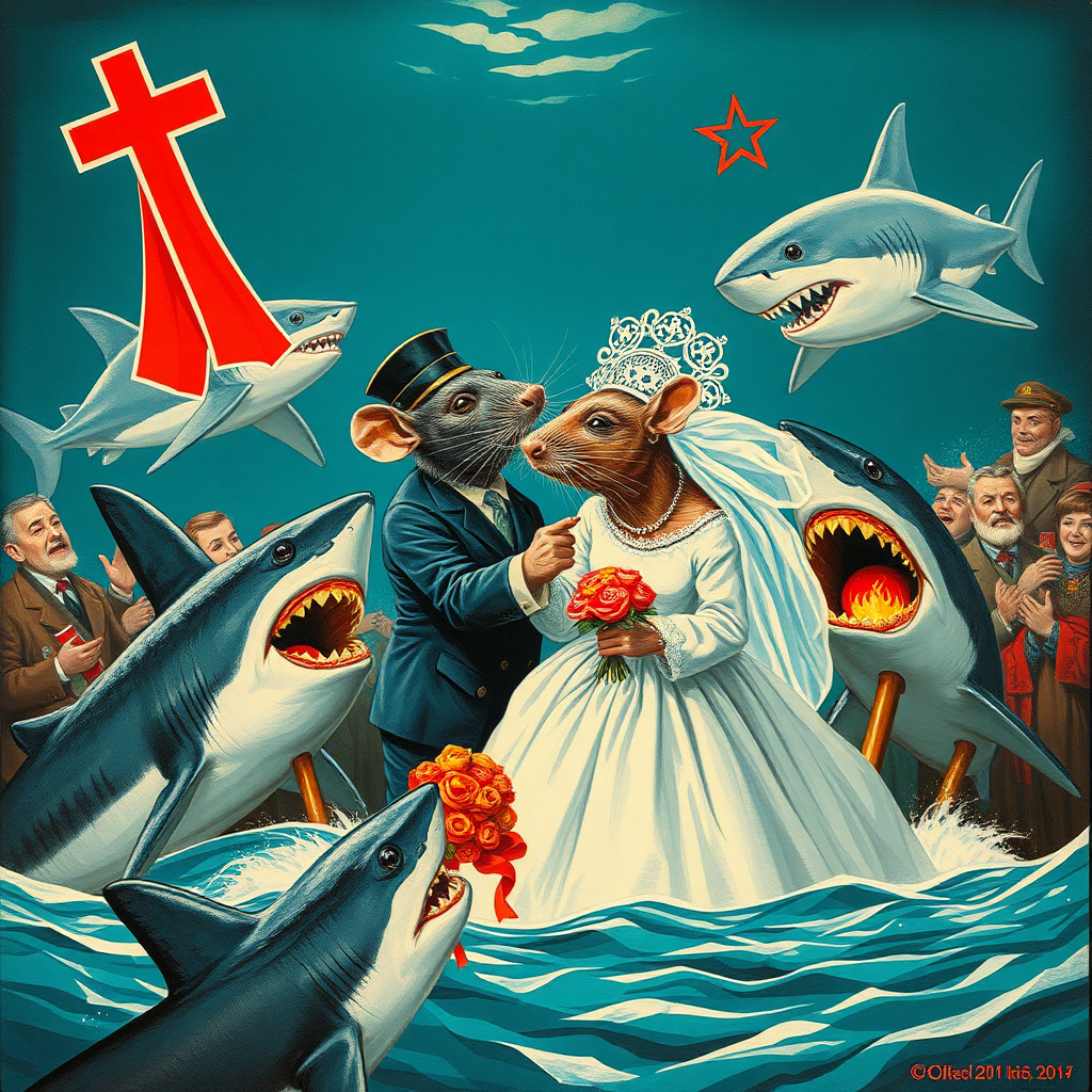 A rat wedding being attacked by sharks, Catholic, Soviet propaganda poster