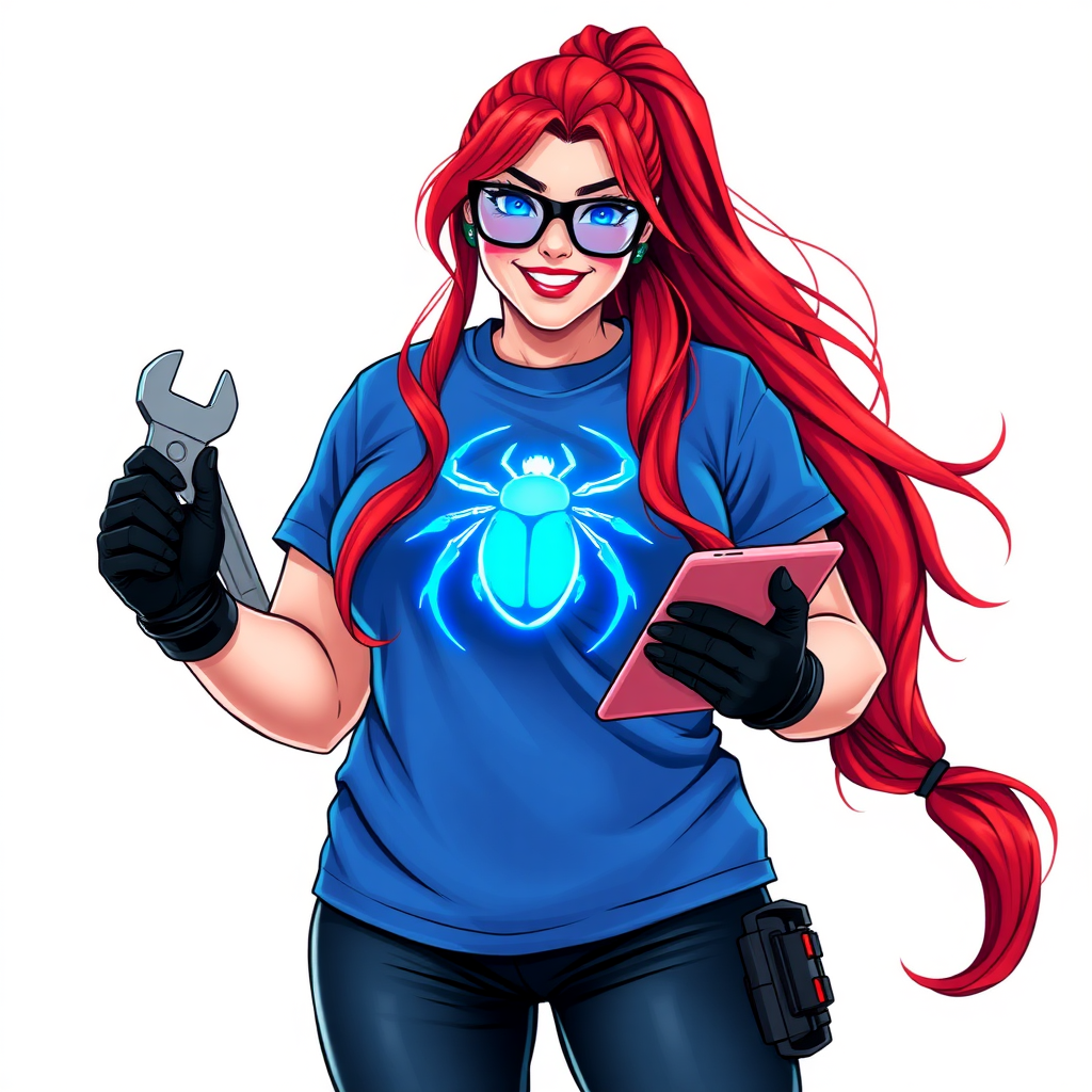 A 28-year-old, full-figured computer hacker and tech wiz, she is the girlfriend of a cyberpunk vigilante. Her long ruby red ponytail, and striking, bright blue eyes make her stand out. Her wrecking ball-sized midsection, sequoia-sized limbs, and broad shoulders define her full figure, which has been heavily pampered by her doting boyfriend. Her nerdiness is blatantly obvious, and she serves as her boyfriend’s tech expert.

As the loyal and supportive sidekick, she plays a crucial role in their missions, using her digital and technological prowess to assist and protect. She wears an oversized maximum blue t-shirt adorned with a glowing neon blue beetle chest icon, black oversized eyeglasses, and black high-tech gloves. She beams with a neon red blush, holding a futuristic wrench and a digital holographic tablet. She is on a solid white background. She is drawn as if she was in a retro 2D cyberpunk fighting game.