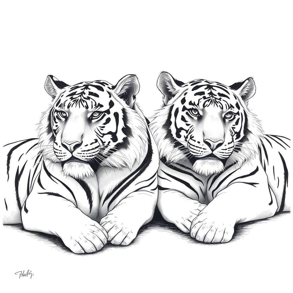 two tigers lying down but awake drawn in the style of a thai line ink and pencil drawing