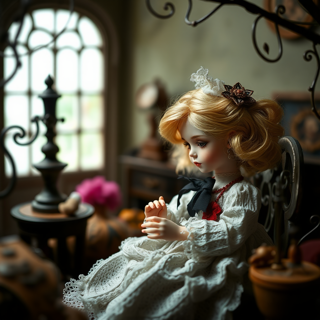 a porcelain doll playing, artists doll, high quality photo, intricate environment, ultra-detailed, impressionistic, dynamic composition, artistic photograph, matte texture