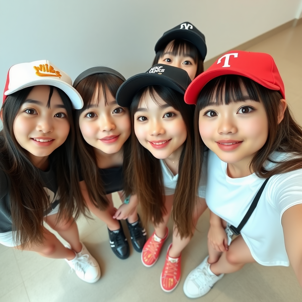 Four Asian girls with gorgeous faces, wearing shoes, white skin, tall, straight hair, taking a selfie, sporty, big eyes, hats, short.