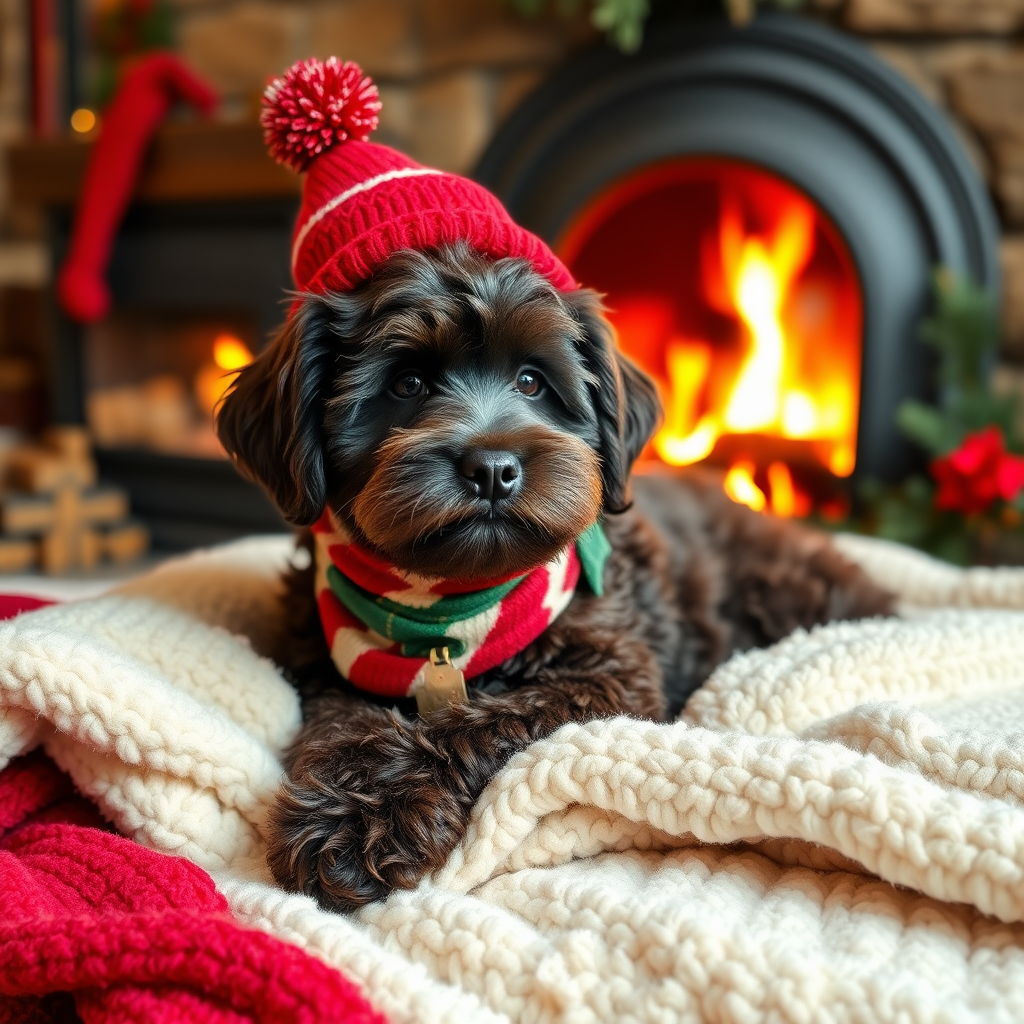 cute medium sized dark chocolate colored cockapoo, laying on super soft blankets, with a scarf and a silly hat, with Santa next to a roaring fireplace