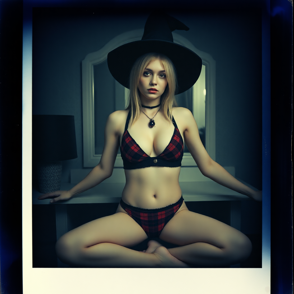 can of an old polaroid photo with heavy dark vignetting and a blue color tint to the photograph and visible light leaks. The photo depicts a sexy alt goth girl with pale skin. She has large breasts with ample cleavage and is wearing a plaid bra with triangle shaped cups. She is wearing a witch hat. The image looks hazy and grungy. She is in an old house with wallpaper on the walls. Dark lighting with camera flash used. Candid. she is wearing a plaid thong. She is sitting on a builtin vanity with a mirror with her knees spread apart.