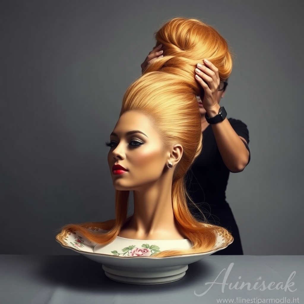 In an avant-garde tableau, a strikingly beautiful, disembodied head of a fashion icon reminiscent of Beyoncé rests elegantly on an ornate, vintage plate, its delicate china adorned with intricate floral patterns. Her long, luscious hair cascades down, shimmering like molten gold, while each strand catches the light, creating a halo effect around her perfectly sculpted features. Her chin rests gracefully on the edge of the plate, accentuating her strong jawline and full, inviting lips, which are painted with a bold crimson hue.

Behind her stands a dedicated hairdresser, dressed in chic, all-black attire, exuding a sense of calm concentration as they skillfully gather the flowing locks. The hairdresser’s fingers move deftly, weaving her hair into an impressive, towering updo reminiscent of a regal crown, adding height and drama to the surreal scene. The atmosphere is imbued with a quiet intensity, and the air is rich with the scent of high-end hair products—a blend of floral notes and smooth vanilla.

The background is a plain, muted gray, providing a stark and minimalist canvas that amplifies the surrealism of the arrangement, allowing the viewer to focus entirely on the exquisite details and craftsmanship at play. The contrast between the opulence of the subject and the simplicity of the setting creates a captivating visual narrative, engaging the viewer's imagination and inviting deeper reflection on themes of beauty and identity.