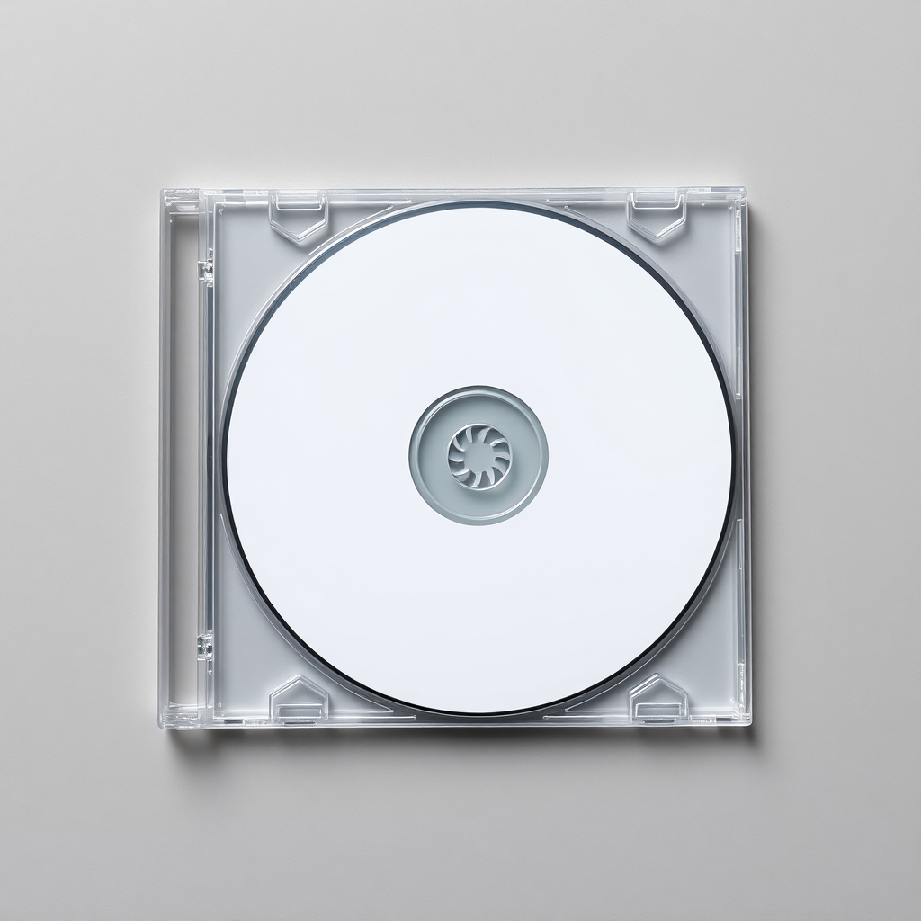 a blank CD case closed, top down view, studio