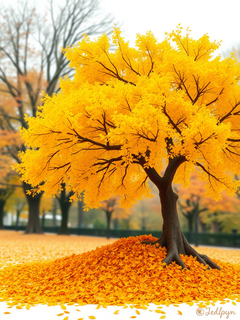 Draw it as if it's real, with a large old yellow ginkgo tree standing on the right side and ginkgo leaves piled underneath it, expressing autumn with falling ginkgo leaves. The background should be out of focus, depicting an autumn park.