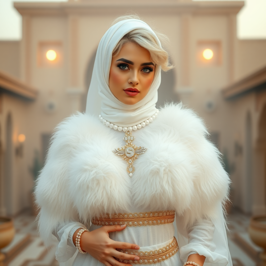 Kuwait desert palace harem patio misty dawn: Melissa, European 17 years old very convincing femboy “trophy-bimbo”, tamed servile docile, very beautiful feminine flawless face, rather short, by hormones very curvaceous womanly figured, platinum blond short tight curls, heavily made-up eyes, wearing Supertanya-style fluffy very fuzzy bright white angora turtleneck-poncho cropped ending under bust decorated with pearls and gemstones, striking oriental wide gold bridal protection belt, white fully transparent harem pants, full Oriental bridal jewelry, face covered by white sheer full Burka, coin anklets, striking diamond “$$$” letter brooch on left chest, pout frustrated, seductively dancing for the sheik, looking at camera. Focus on face and turtleneck-poncho.