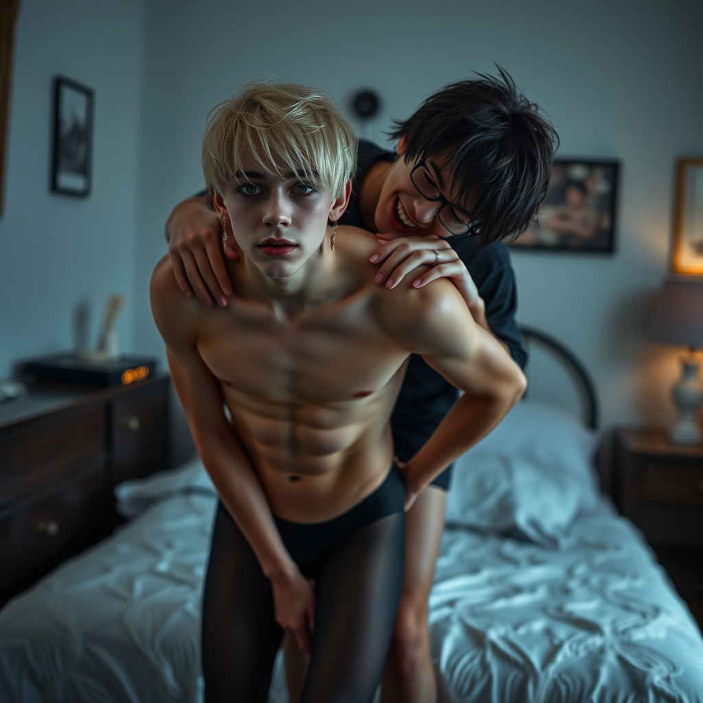 photorealistic, ultra high resolution, 16K, surreal fantasy, studio lighting, a pretty 16 year old goth male, slim male physique, short blonde hair, goth makeup, earrings, pantyhose, white ballet shoes, playing with dark haired his 16 year old boyfriend in the bedroom - he is bending forward, while the boyfriend stands up behind him and rests his hands on the boys shoulders, excited smile, facing the camera.