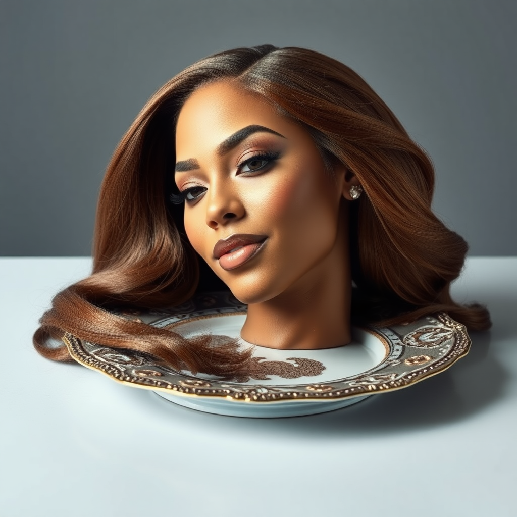 In a surreal and striking scene, the elegantly styled disembodied head of a stunningly beautiful Beyoncé rests gracefully on an ornate, luxurious plate, which is carefully placed on a simple, understated table. Her very long, flowing hair cascades like a rich waterfall of silky, rich brown locks, framing her exquisite face and accentuating her radiant, flawlessly glowing skin. The delicate contours of her chin rest lightly against the polished surface of the plate, lending an unexpected intimacy to the bizarre presentation.

The background is a muted, plain gray, casting an air of modern minimalism that contrasts dramatically with the lavishness of her appearance. Soft shadows play across her features, highlighting the subtle high cheekbones and perfectly shaped lips, which seem poised for a soft smile. The atmosphere feels both elegant and eerie, inviting intrigue and contemplation as viewers are drawn into this surreal artistic tableau, where beauty and the absurd collide in unexpected harmony.