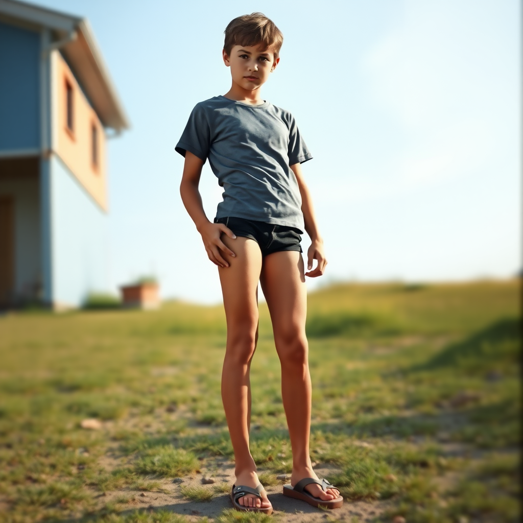 photorealistic, ultra high resolution, 16K. A skinny 14yo teen boy wearing t-shirt, tight booty shorts, sandals. Long legs, bare thighs, narrow hips. 1980s.
Negative: grainy, blurry, bad anatomy, extra limbs, watermark.