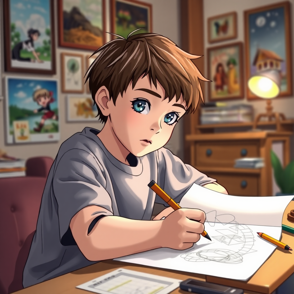 A 12 year old boy. He has blue eyes, brown short hair and he has a concentrated look on the paper. He is drawing in his room. He has Anime pictures on his wall. Anime, studio ghibli style.