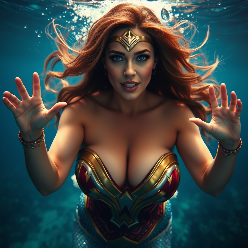 Sofia Vergara as a mermaid, her unusually huge as 500% teardrop shaped décolletage overflowing her loose bodice as she swims doWonder Woman as a mermaid, her unusually huge as 500% teardrop shaped décolletage as 500% overflowing her loose and ripped bodice as she swims down underwater directly towards the viewer. She maintains intense eye contact. Her long hair floats like a nimbus cloud. Her arms are reaching out towards you shoulders flared. She is deep under the sea surrounded by aquatic life. It is a highly detailed DSLR Photograph.wn underwater directly towards the viewer. She maintains intense eye contact. Her long hair floats like a nimbus cloud. Her arms are reaching out towards you shoulders flared. She is deep under the sea surrounded by aquatic life. It is a highly detailed DSLR Photograph.