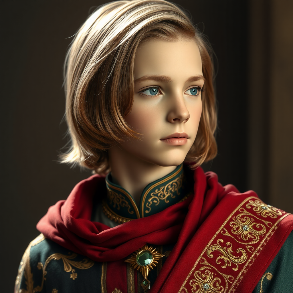 16yo teen boy prince, long bob cut, embroidered with gold and diamonds medieval cloths. photorealistic, ultra high resolution, 16K,