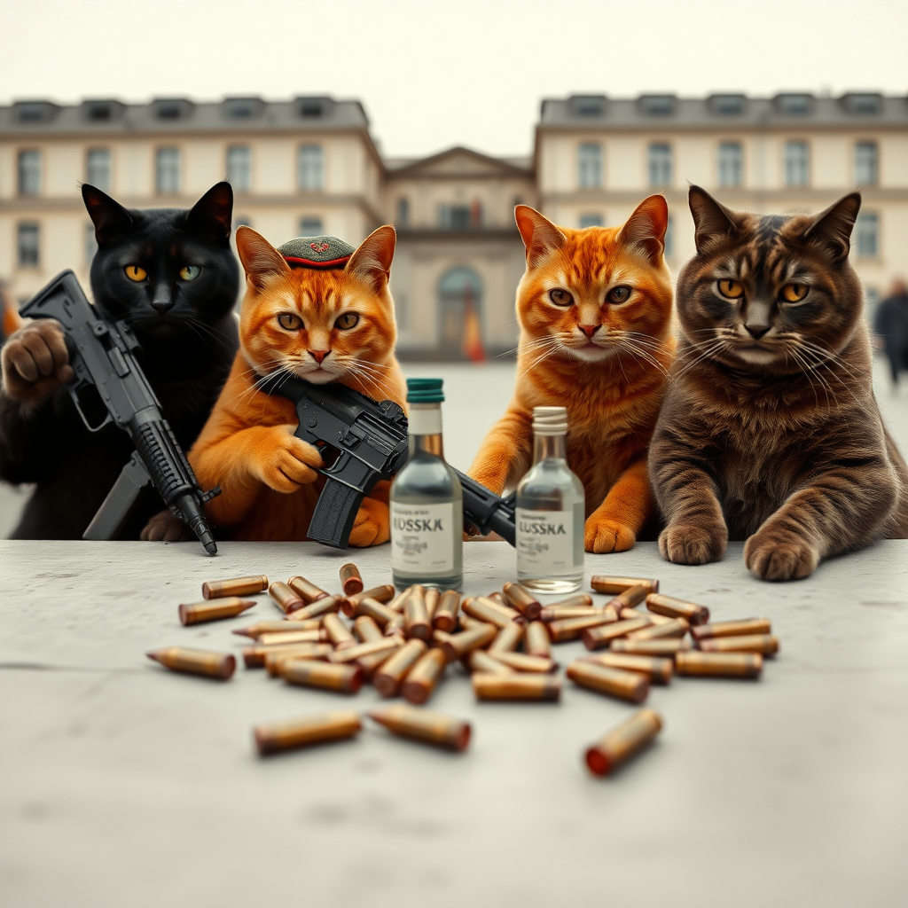 4 serious cat-men in a big square, a dark one holding an AK-47, an orange one wearing a Russian military cap, a dark brown one and a light brown one, USSR communists with vodka, around a table with bullet casings on it in an old photographic style.