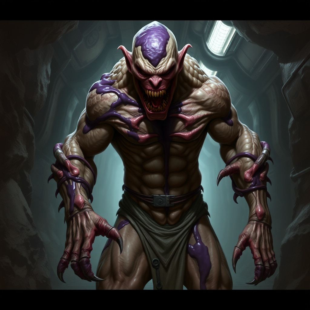 Sci-fi digital horror painting. Heavily mutated crew member, skin covered with sturdy scales, his body and limbs elongated and twisted while muscles ever tensing. Aggressive violent snarl on face. One hand has long sharp claws while the other looks relatively normal. Dark purple goo oozing all over him. Dark rocky industrial corridor.