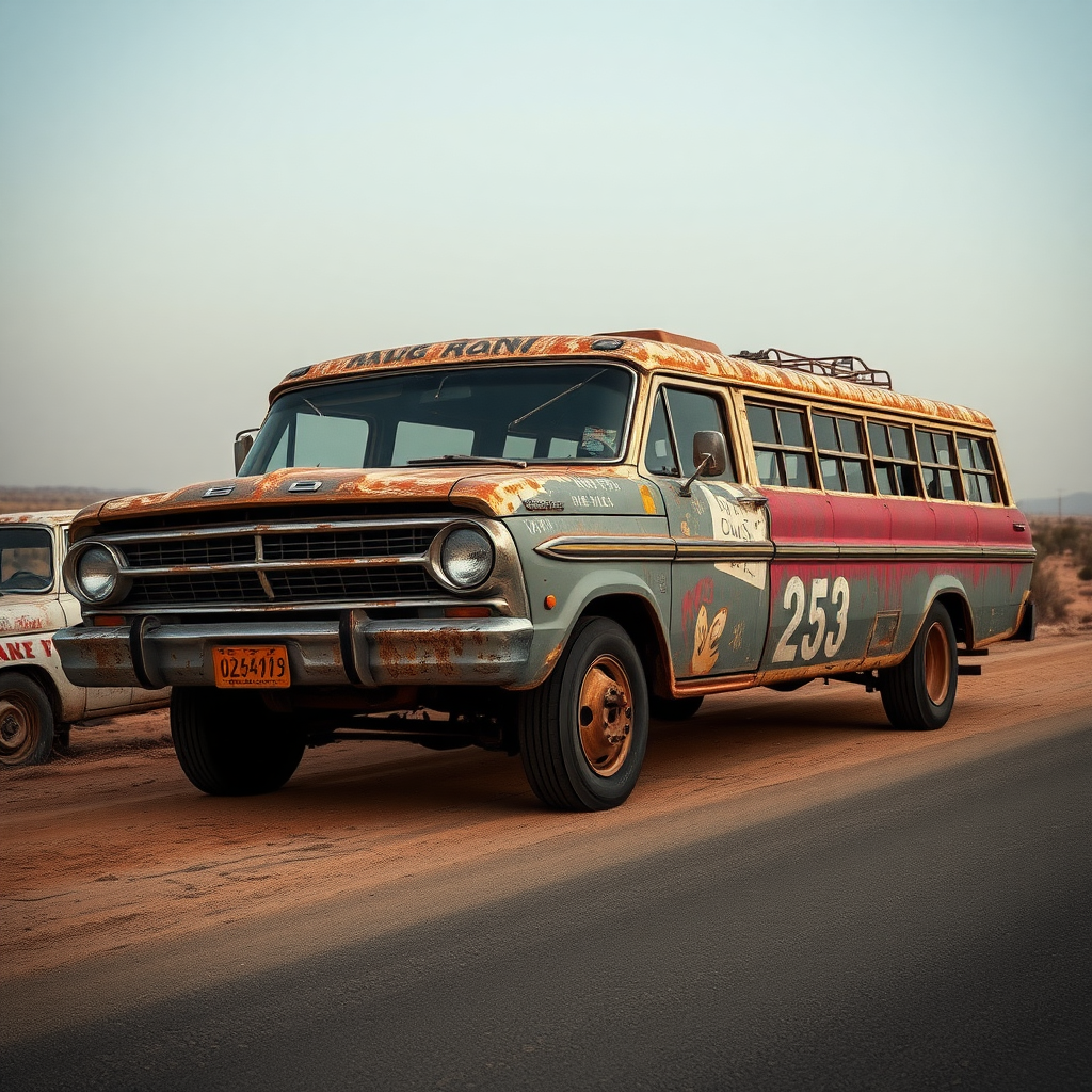 Ford Falcon Mad Max post Indian apocalyptic dust rusty zombie the bus is parked on the side of the road, inspired by Taiyō Matsumoto, tumblr, restomod, nd4, c4