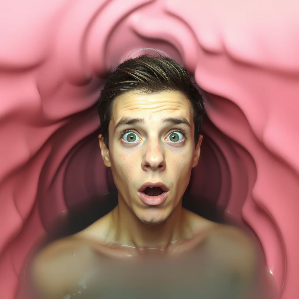 Young man stuck in a tight, circular passageway. Only his head and torso are visible. The walls of the passageway are undulating, pink, and wet. He has a surprised expression.