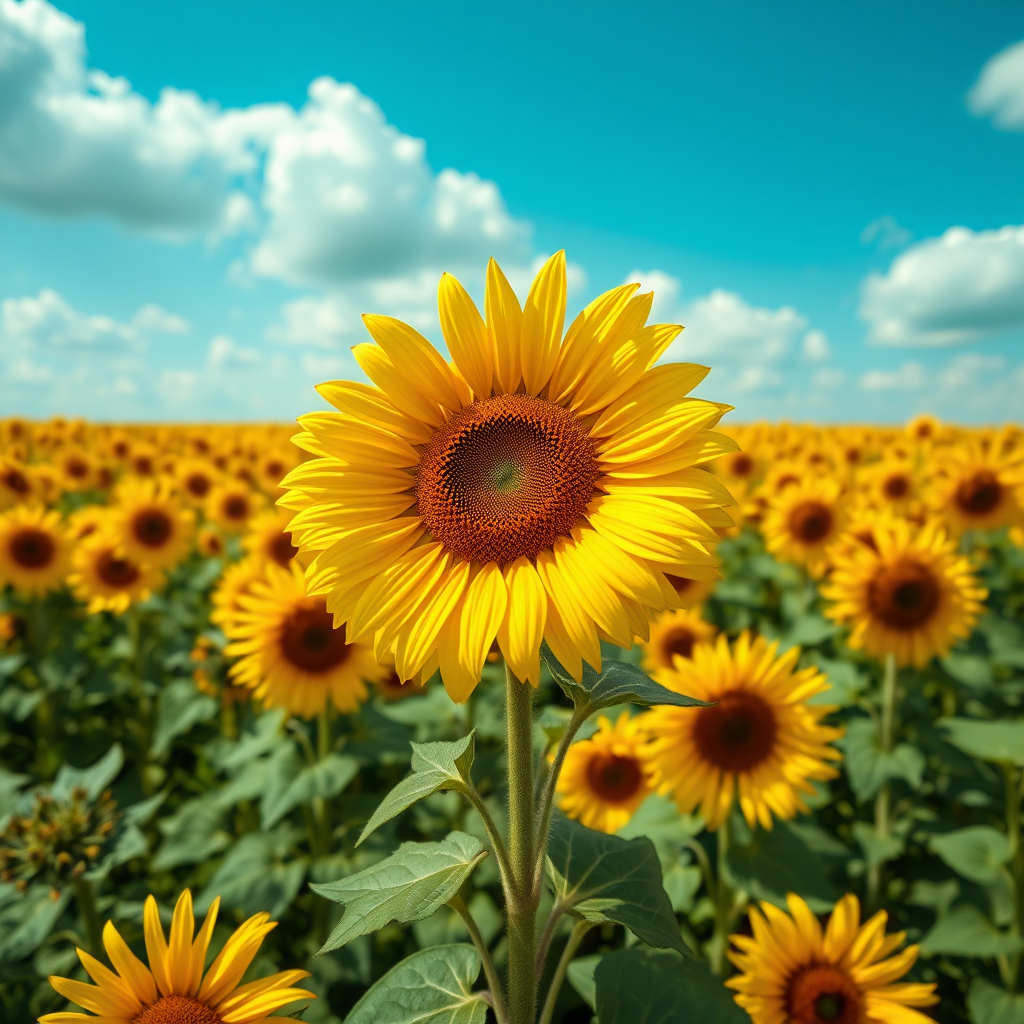 A vibrant field of sunflowers under a bright blue sky with fluffy white clouds. The scene is infused with a sense of warmth and cheer, showcasing a hyperrealistic aesthetic. In the foreground, a large sunflower stands tall, displaying its bold, sunny yellow petals radiating outward, while the intricate details of its brown seed center are highlighted. The background is filled with countless sunflowers, creating a sense of depth and continuity, their bright yellow colors contrasting against the deep green foliage and stems. Soft light enhances the saturation of the colors, and a gentle breeze sways the flowers slightly, adding a dynamic element to the serene landscape.