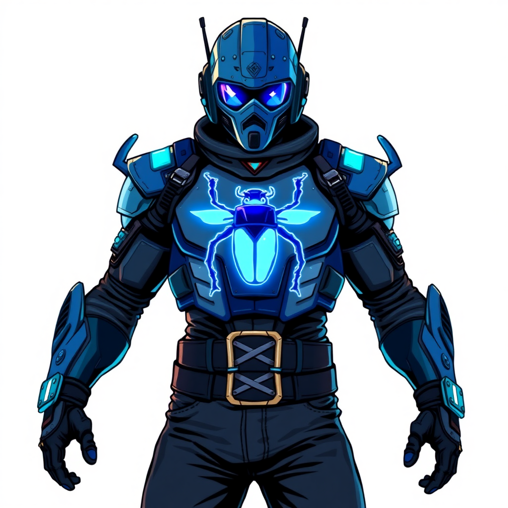 A 28-year-old cyberpunk vigilante stands heroically, clad in a high-tech, maximum blue armor featuring a neon blue glowing beetle on the chest. They wear black biker pants, a black belt with a sapphire beetle buckle, and a maximum blue head covering helmet with neon blue glowing lenses. Their hands are protected by black metal gloves, all set against a solid white background. He is drawn as if he was in a retro 2D cyberpunk fighting game.