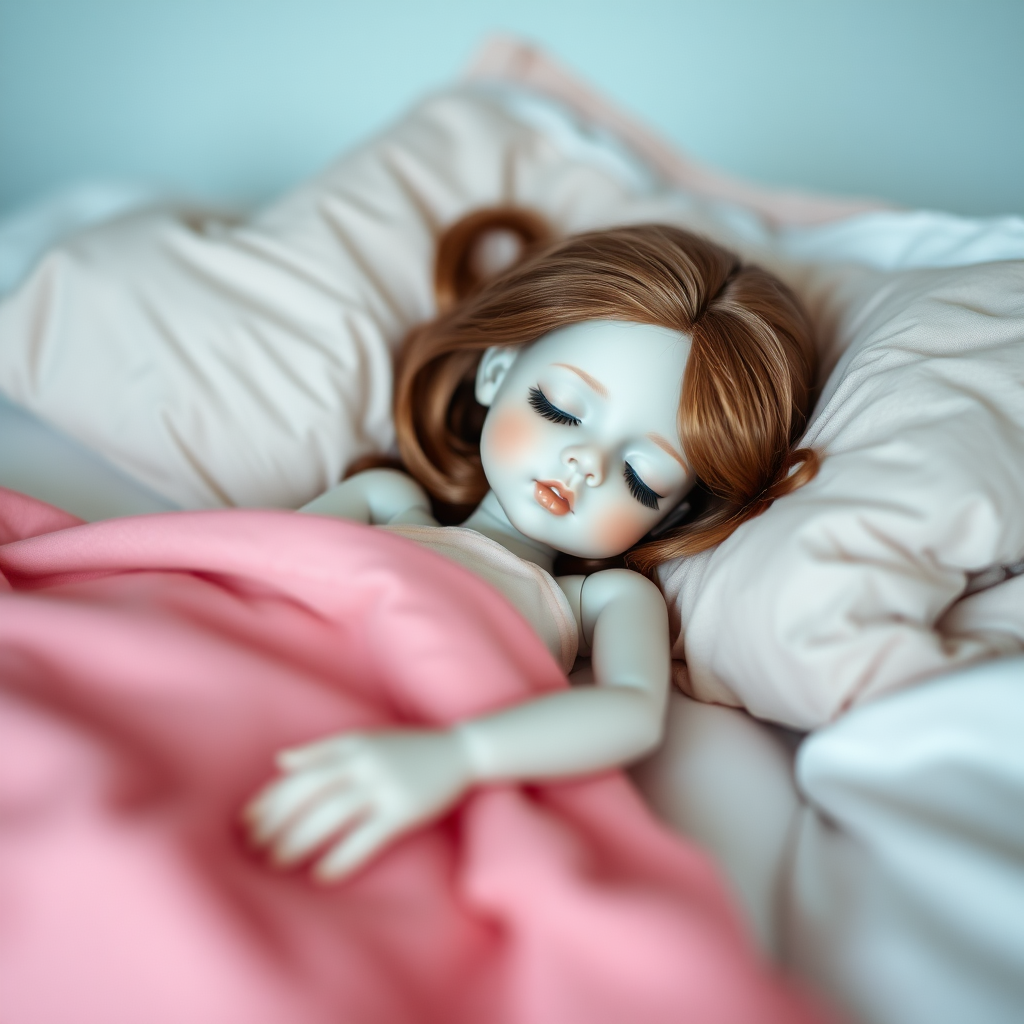 porcelain doll sleeping in bed, focus stacking, abstract, minimalist art, in focus, preteen girl, artistic photograph, artists doll, realistic doll by Michael Zajkov