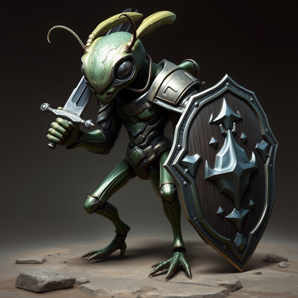 A bipedal insect alien, armoured, sword and shield, realistic