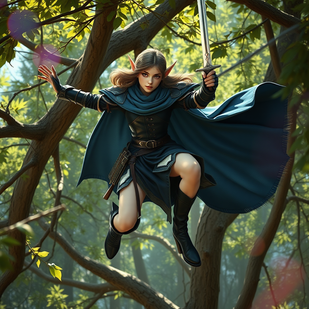 A twenty-something elf girl like (Deedlit from Record of Lodoss war), a character come to life. wide triangular shoulder pads, blue flowing cloak, leather armor, skirt, high heel ankle boots. Flying through tree branches, sword in hand. Photorealistic digital matte painting, highly detailed, film grain, lens flare, chromatic aberration.