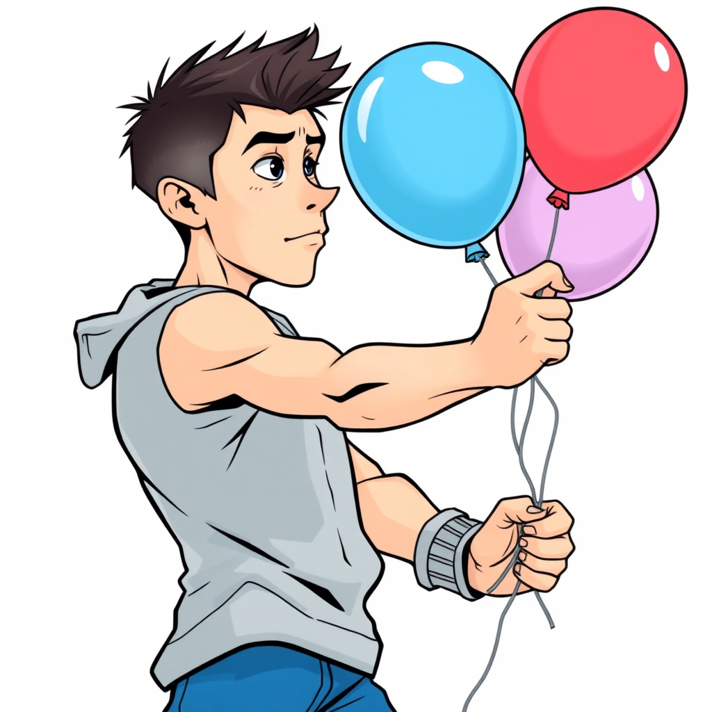 short 15 year old european skinny boy, punching a balloon, tense fabric, massive bulge, side view, 2D, caricature, cartoon, Sketch lines, coloring book, coloring book style on white background, well composed, clean coloring book page, No dither, no gradient, strong outline, No fill, No solids, vector illustration, realistic proportions