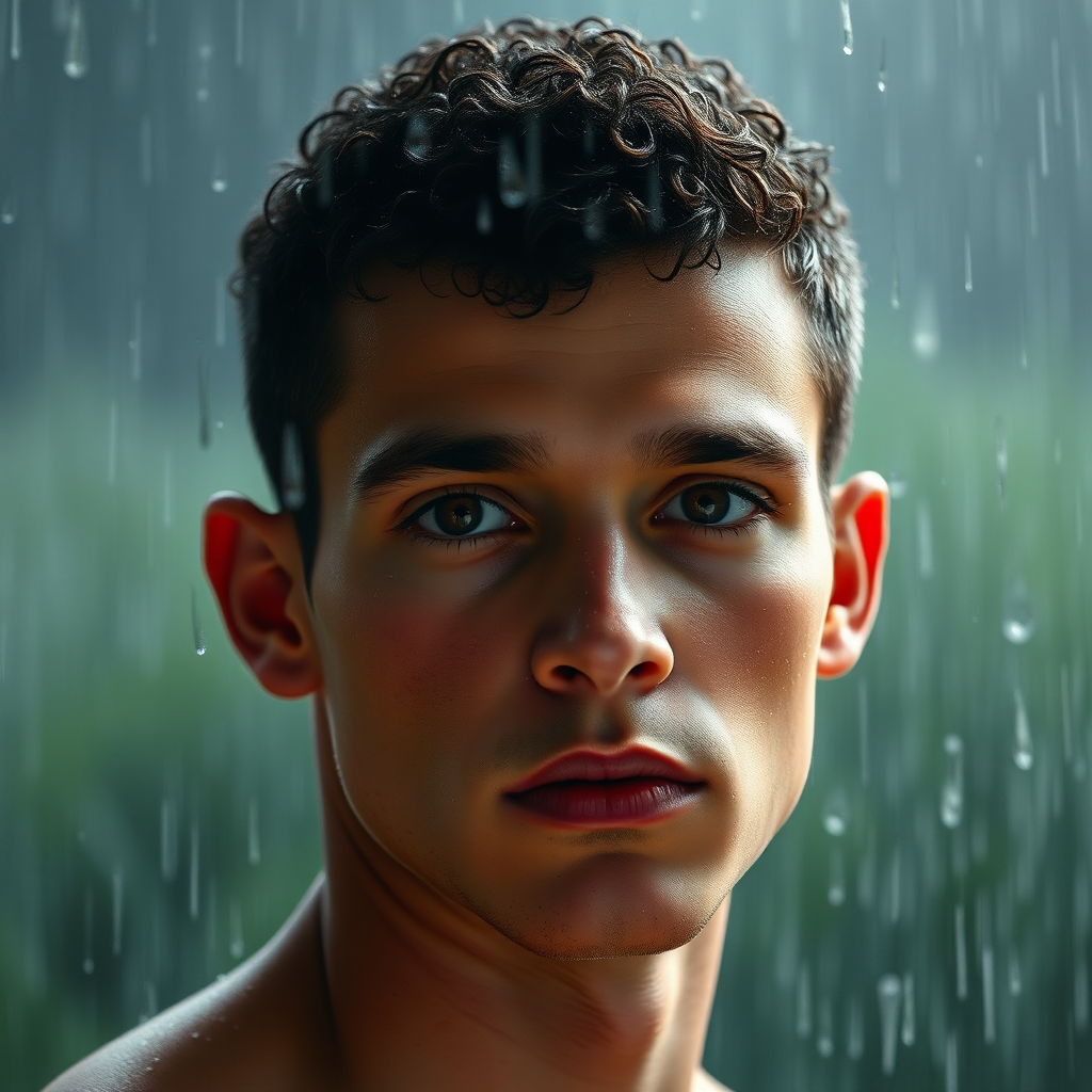 so much rain, man with very short fine curly hair, oval face, small nose, brown eyes, thin lips, normal ears