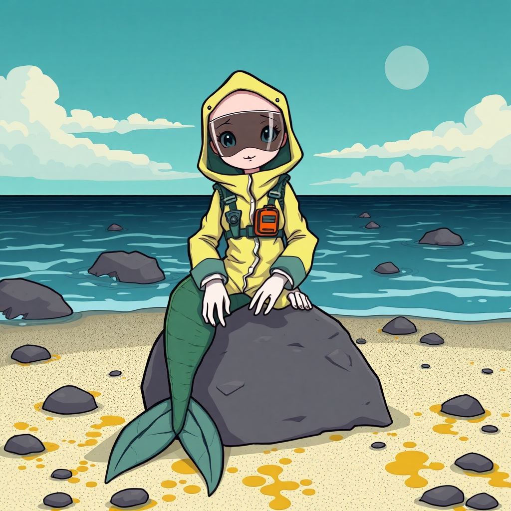 A cartoon female bald mermaid wearing a full hazmat suit with hood and face screen while sitting on top of a rock on a toxic looking beach.