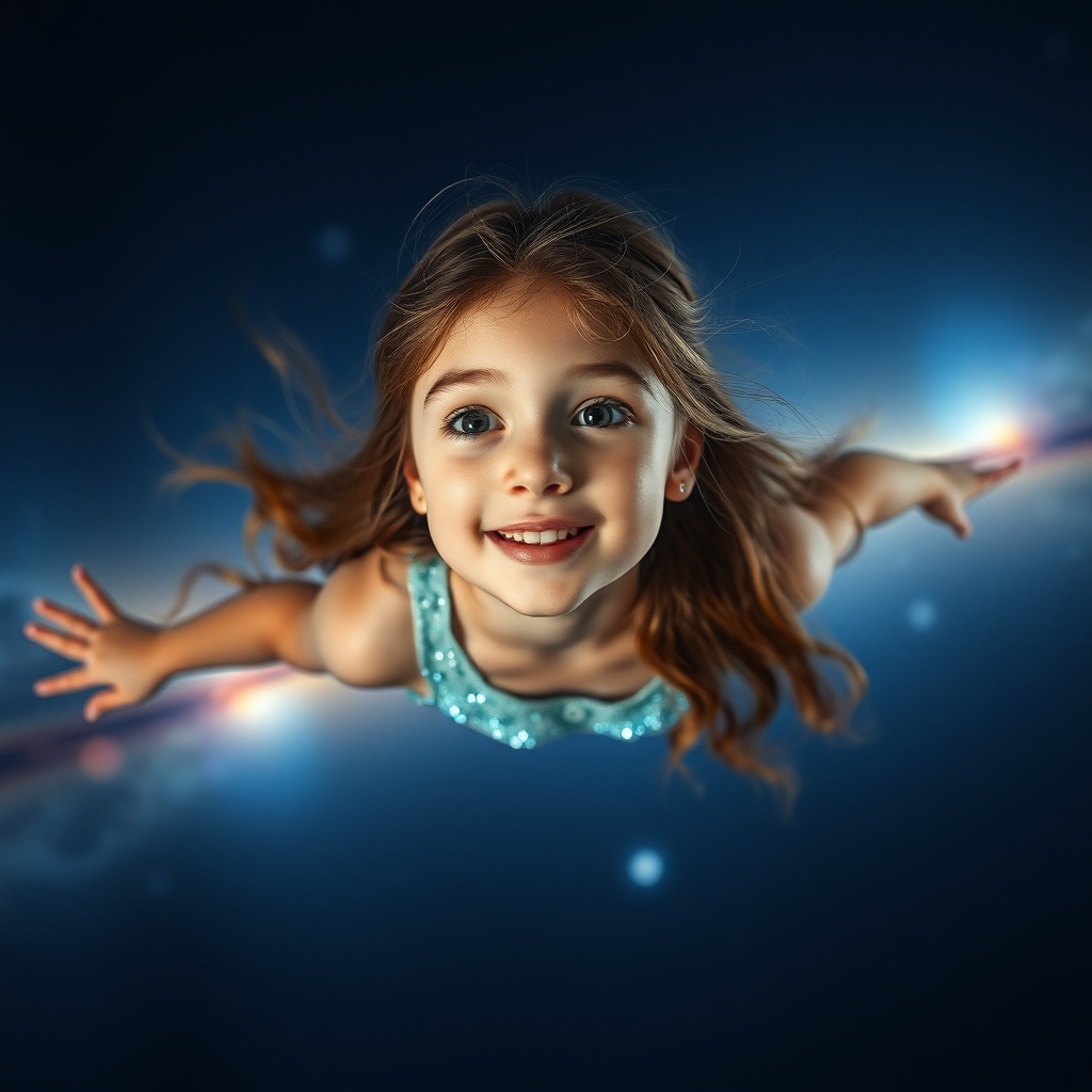 preteen girl floating in space, Low Key Lighting, dreamscape, nebula, Bokeh, abstract, brilliant colors, glittering, translucent, iridescent, natural skin, glowing, artistic photo, panoramic, amazement, airy, original, experimental, interdimensional