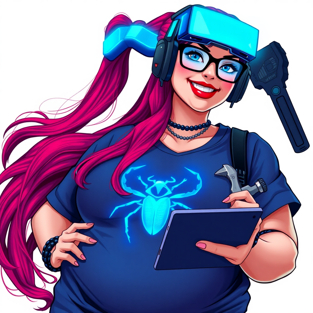 A cyberpunk vigilante’s full-figured intelligent and tech-savvy 29-year-old girlfriend, who is a computer hacker and tech genius. She has a long ruby red ponytail and bright blue eyes. She wears a sapphire beetle gemstone necklace, and an oversized Maximum Blue (RGB 71, 171, 204) t-shirt featuring a giant neon blue glowing icon of a beetle on its chest. She has a full-figured physique with a prominent, gargantuan, round midsection, reflecting her well-cared-for lifestyle. The midsection is heavily emphasized. She sports a sapphire headset with hi-tech Maximum Blue (RGB 71, 171, 204) lensed HUD visor, Maximum Blue (RGB 71, 171, 204) lipstick, black eyeglasses, and a beaming smile with a passionate bright red blush. Despite her figure and a lack of self-esteem, she radiates an air of beauty. She has an angular face which contributes to her radiant beauty. She serves as his tech expert from his hideout, holding a holographic tablet and a hi-tech tool wrench. The background is solid white. She is drawn as if she was in a retro 2D cyberpunk fighting game. Make sure her shirt covers her round midsection.