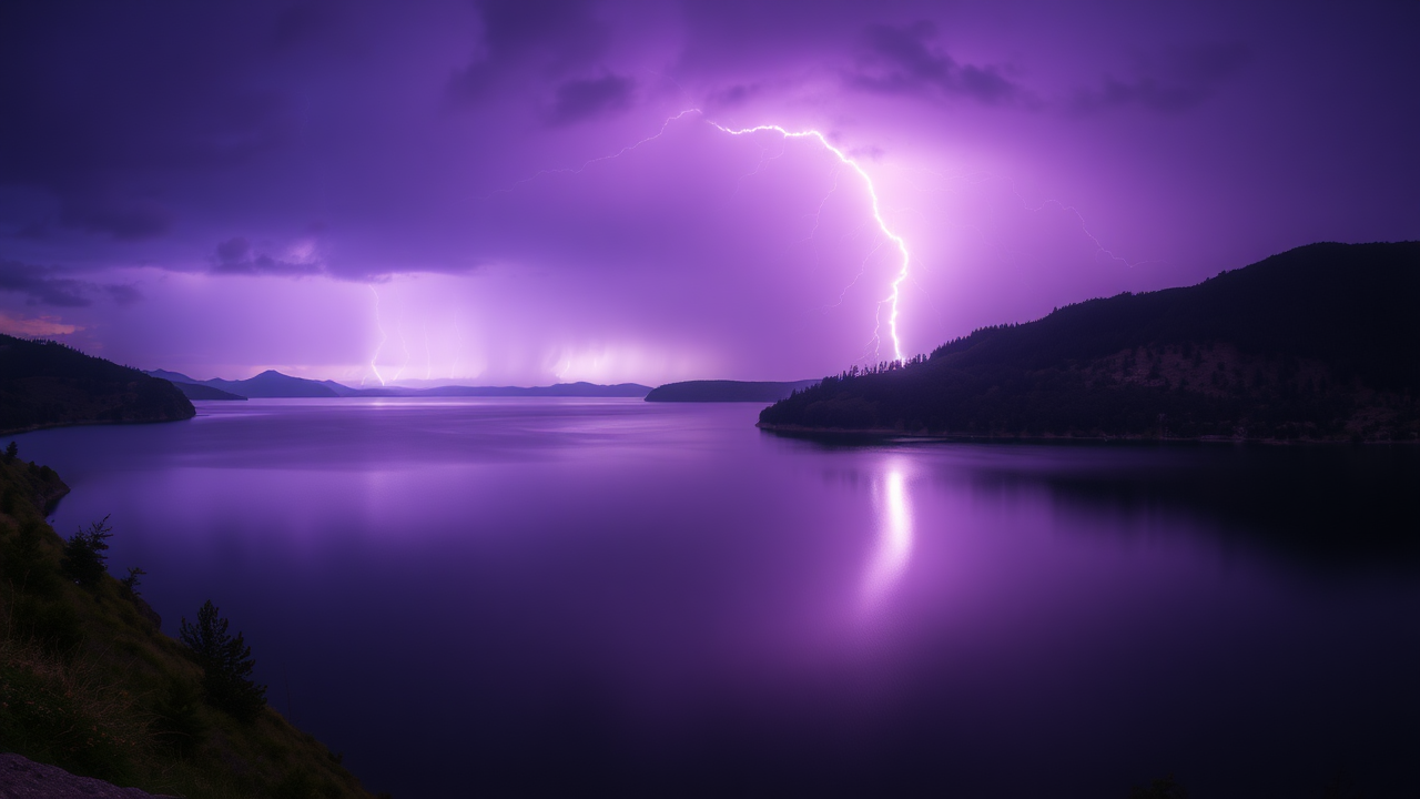 photo, lakes, nature, purple sky, lightning