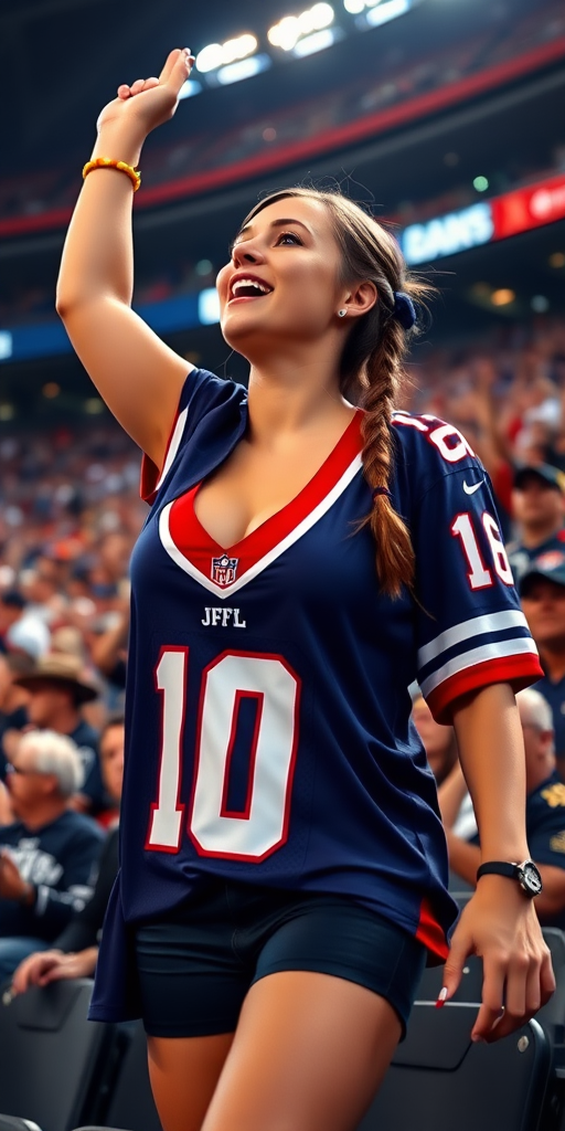 Very attractive female NFL fan, huge chest, jersey, cheering wildly, pigtail hair, crowded stadium bleacher row