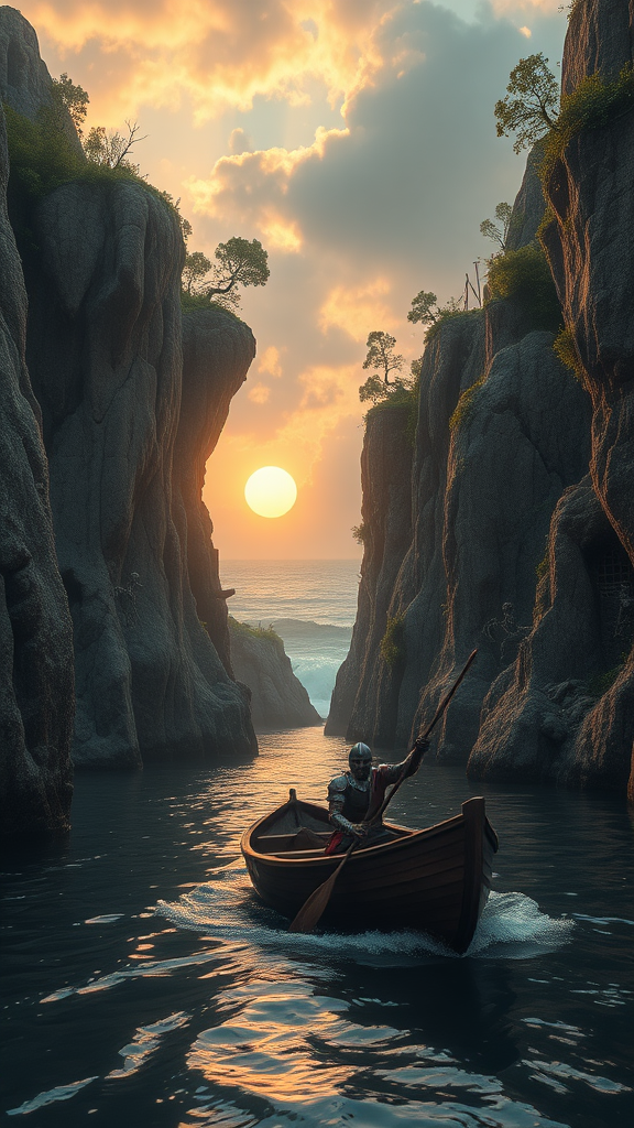 an epic cinematic low camera angle of a wounded knight in a small wooden boat navigating a precarious river with imposing cliffs with interesting rock formations and overhangs with overgrown nature embedded ruins, hanging vines foliage, trees, and sporadic dead skeletons and armor from dead warriors the cliffs reveal background the ocean in a sunset with a big sun and dramatic clouds