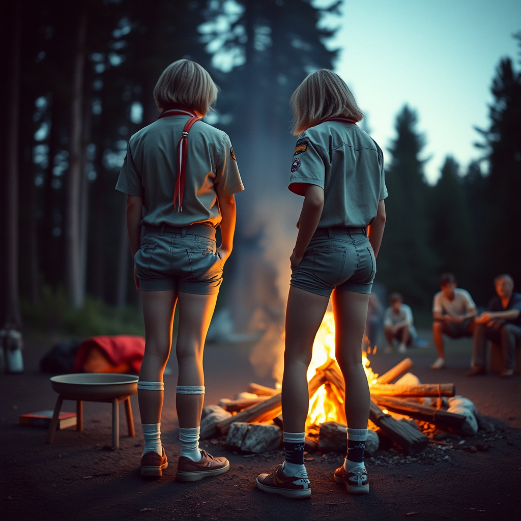 two tall 14yo teen boys, long bob cut, wearing American boy scout uniform with uniform matching very tight booty shorts, tube socks, shoes, long legs, narrow thighs. a campfire. full-length view. 1980s. photorealistic, ultra high resolution, 16K, Negative: grainy, blurry, bad anatomy, extra limbs, watermark.