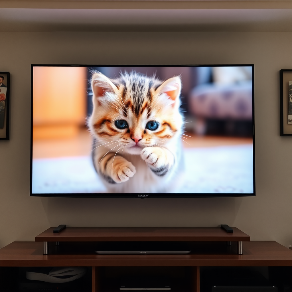 A large LCD TV screen is displaying an image of a chubby little cat playing; it's so cute.