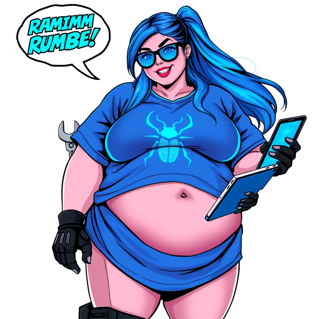 A 28-year-old, full-figured tech genius, she is the devoted girlfriend and sidekick of a cyberpunk vigilante. Her long, maximum blue ponytail and glowing sapphire eyes are striking features. Her prominent, round midsection, gigantic limbs, and broad shoulders define her full figure. As the loyal and supportive sidekick, she plays a crucial role in their missions, using her digital and technological prowess to assist and protect.

She wears an oversized maximum blue t-shirt with a glowing neon blue beetle chest icon, maximum blue lipstick, and black high-tech gloves. Her neon red blush and lovestruck smile are ever-present as she holds a futuristic wrench and a digital holographic tablet. Her full figure (especially her round midsection) shows how pampered she is by her doting boyfriend. Her nerdiness is unmistakable, accentuated by her black oversized eyeglasses. She is on a solid white background. Her tummy makes visible rumbling noises showing that obviously it's time to be massively pampered by her boyfriend. She serves as her boyfriend’s indispensable tech expert. She is drawn as if she was in a retro 2D cyberpunk fighting game. There is a maximum blue rumble comic book balloon coming from her stomach showing her visible hunger in the background.