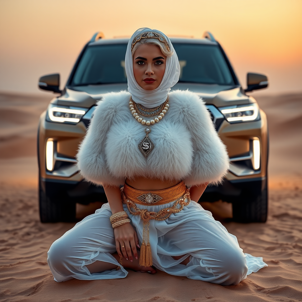 Kuwait desert dunes misty dawn, full size luxury SUV: Melissa, European 17 years old very convincing femboy “trophy-bimbo”, tamed servile docile, very beautiful feminine flawless face, rather short, by hormones very curvaceous womanly figured, platinum blond short tight curls, bold red lips, heavily made-up face, wearing Supertanya-style fluffy very fuzzy bright white angora turtleneck-poncho cropped ending under bust decorated with pearls and gemstones, striking oriental wide gold bridal protection belt, white fully transparent harem pants, full Oriental bridal jewelry including headpiece, white transparent Burka face veil covering noose and mouth, coin anklets, striking diamond “$$$” letter brooch on left chest, pout frustrated, hands tied behind back, kneeling in sand in front of SUV, looking at camera. Focus on face and turtleneck-poncho.