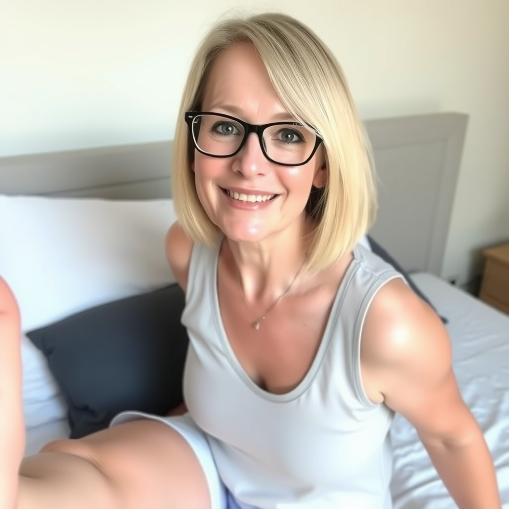 Woman, One, 40 Years old, British, Pale skin, White skin, Large chest, Thick thighs, Busty thighs, Long droopy jaw, Sharp nose, Horny face, Happy face, Open mouth, Blonde hair, Short hair, Straight hair, Brown eye color, thin Glasses, Cotton shorts, Sleeveless t-shirt, necklace, Bed, Motherly, attractive, seductive selfie