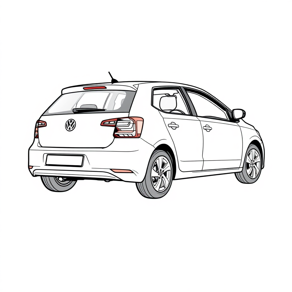 a white VW Polo V, driver door open long establishing shot, 2D, caricature, cartoon, Sketch lines, coloring book, coloring book style on white background, well composed, clean coloring book page, No dither, no gradient, strong outline, No fill, No solids, vector illustration, back side view, vector illustration, movement lines